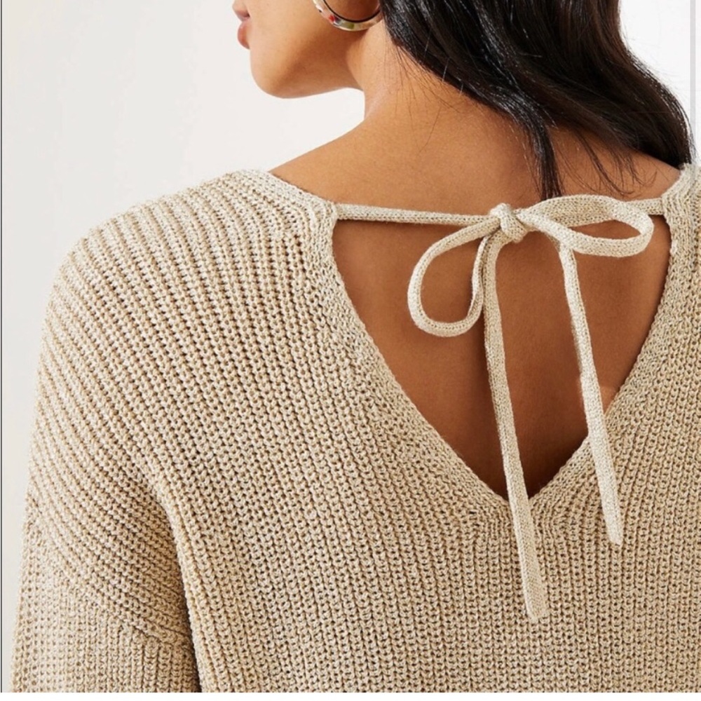 NWOT LOFT Metallic Gold Cable Knit Long Sleeve Sweater with Tie Back